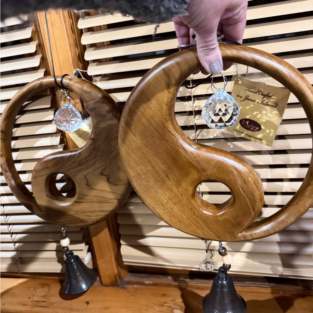 Wooden Yin Yang Wall Hanging with Crystal Prism and Bell - Natural Brown